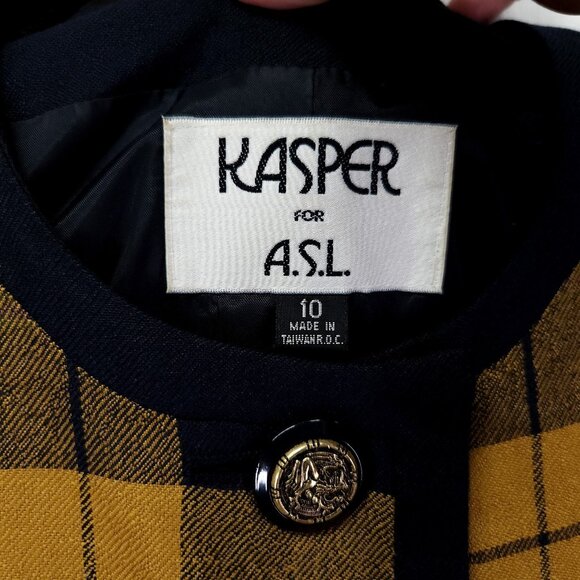 Kasper Vintage Blazer Size 10 Mustard Blue Plaid Dark Academia Jacket - Picture 7 of 11